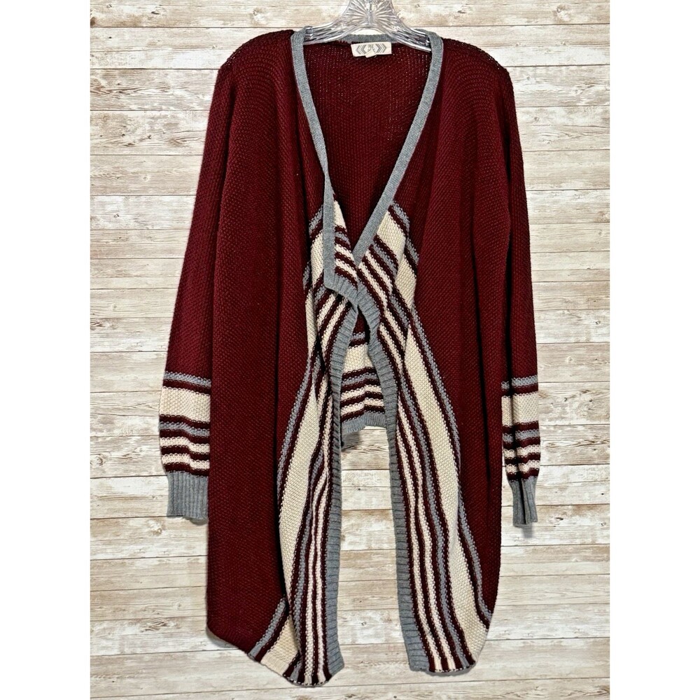 Pink Rose Burgundy Open Front Knit Cardigan Sz L Cascading Waterfall Collar